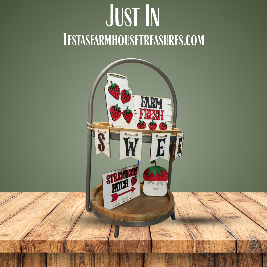 Farm Fresh Strawberry Tiered Tray Set--Summer Mini Signs