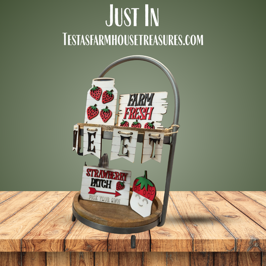 Farm Fresh Strawberry Tiered Tray Set--Summer Mini Signs